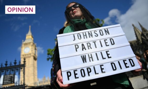 Protests outside parliament as the Sue Gray report was published. Photo: Andy Rain//EPA-EFE/Shutterstock.