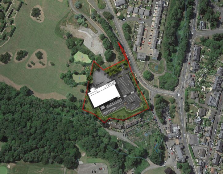 An aerial view of the site of the new store. Glasgow Road is on the right of the image.