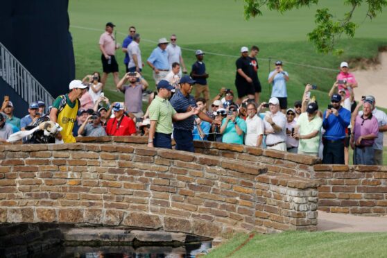 Leader Rory McIlroy and Tiger Woods striding out at Southern Hills on Thursday.