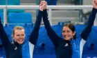 Vicky Wright and Eve Muirhead after winning Olympic gold.