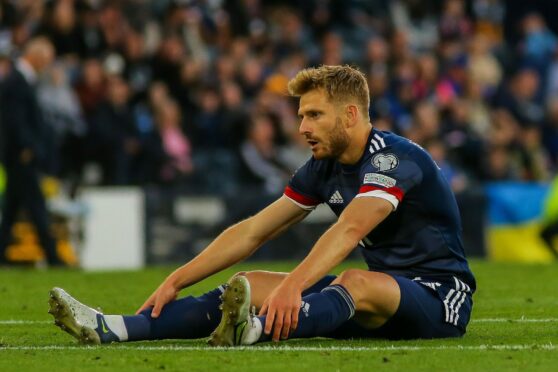 Stuart Armstrong dejected after a chance goes begging against Ukraine.