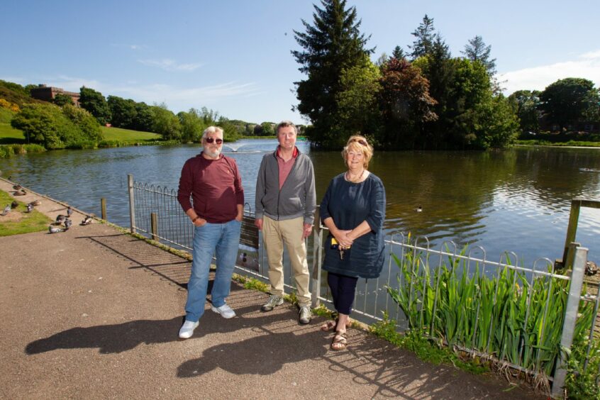 Keptie Friends volunteers Bob Middleton, Scott Shortridge and Jean Stewart pictured previously at the pond.