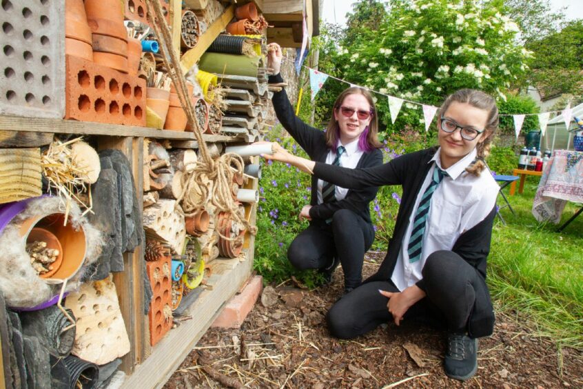 Pupils Keialee Murray and Zara Milne with the bug hotel.