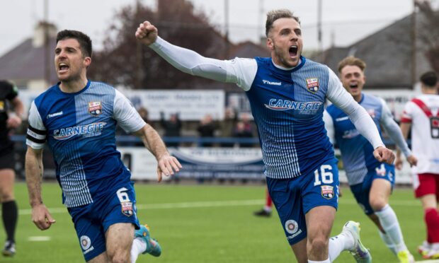 Craig Johnston celebrates a goal against Airdrie last season. Image: SNS