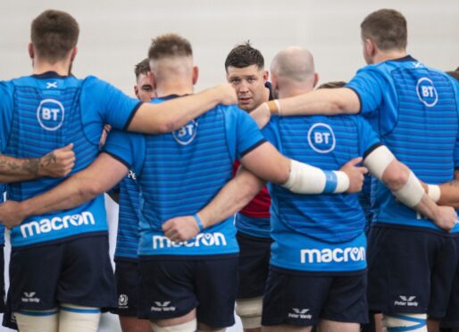 Grant Gilchrist speaks to the squad during Scotland training at Oriam this week.