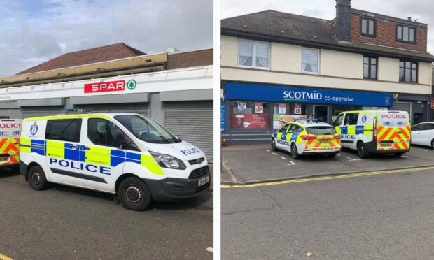 Police outside the Spar on Glamis Road and the Scotmid in Invergowrie.