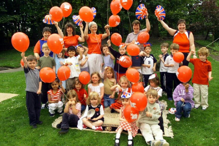 Bellfield Nursery School, Dundee, held a garden party and balloon race to celebrate the Queens Golden Jubilee.
