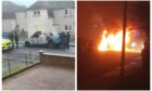 Armed police in Kinglassie and the burning vehicle.