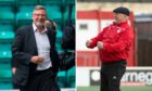 Craig Levein and Dick Campbell are set top go head-to-head in a penalty shoot-out at half time of Brechin v Arbroath.