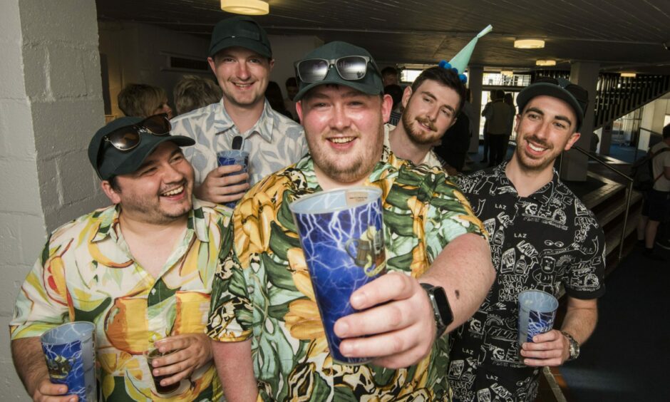 Alec Low (centre) with his stags from Glasgow at Dundee Brew Fest at Bonar Hall.