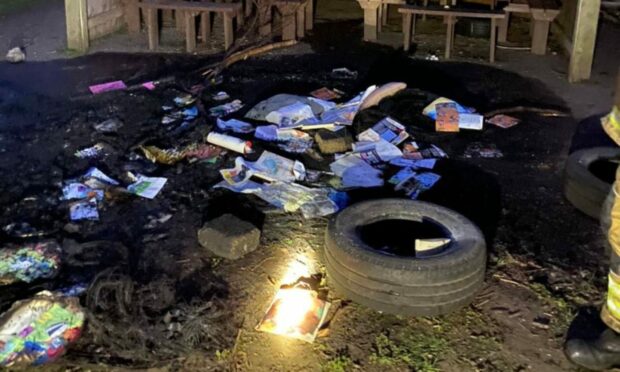 Tyres and books from the outdoor classroom were set alight. Pic: Carnoustie Fire Station