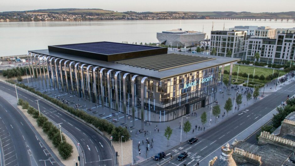 artist's impression of a large e-sports arena at Dundee Waterfront, with Slessor Gardens, the V&A Dundee and office buildings behind.