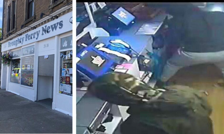 A still from CCTV showing two men breaking into Broughty Ferry News on King Street.
