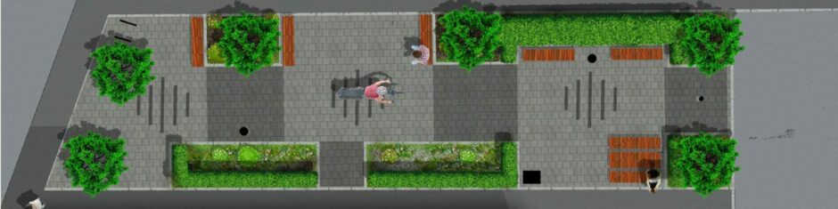 An overhead view of the new pocket park.
