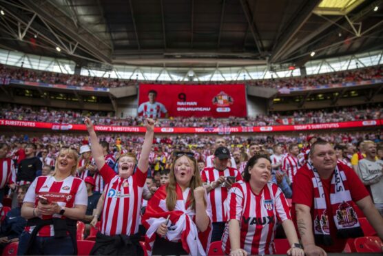 Sunderland fans (pictured here at Wembley last month as their side won promotion to the Championship) are set to descend on Dundee United's Tannadice Park
