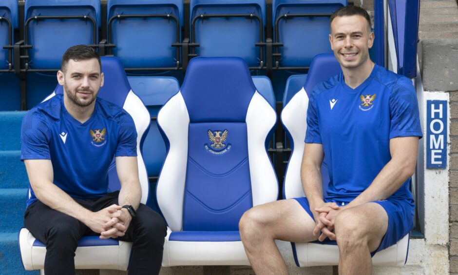 Drey Wright and Andrew Considine pictured at McDiarmid Park after signing for St Johnstone