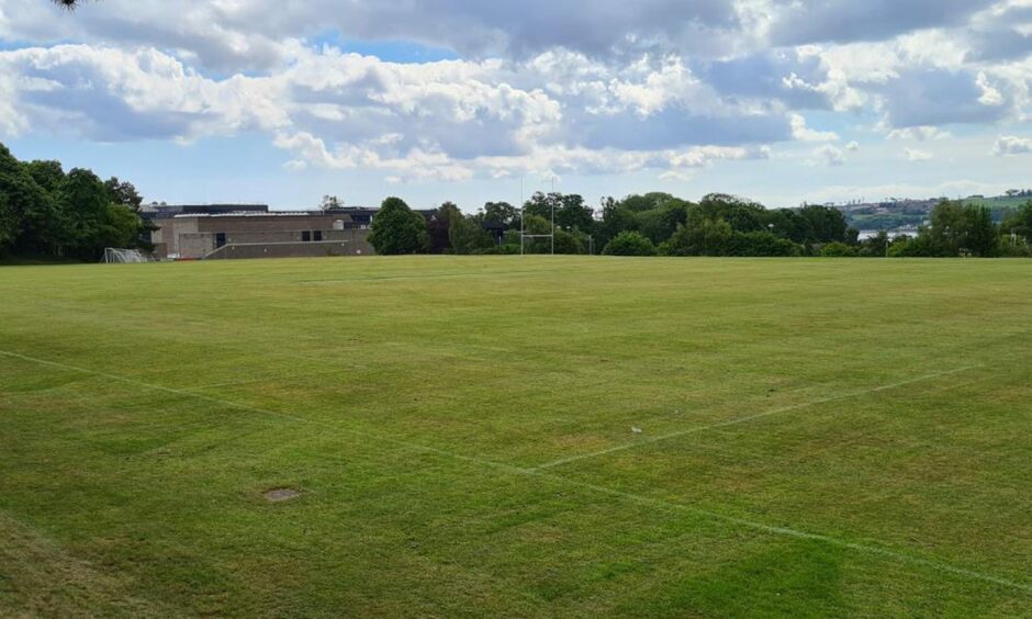 Dundee's new training pitches at D&amp;A College with the Gardyne Campus building in the background.