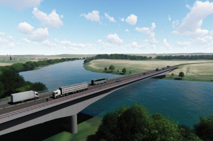 An artists impression of what the Cross Tay Link Road bridge will look like.
