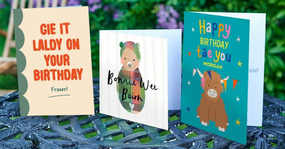 Moonpig Scottish cards reading "Gie it laldy on your birthday", "Bonnie wee bairn" and "Happy birthday tae you".