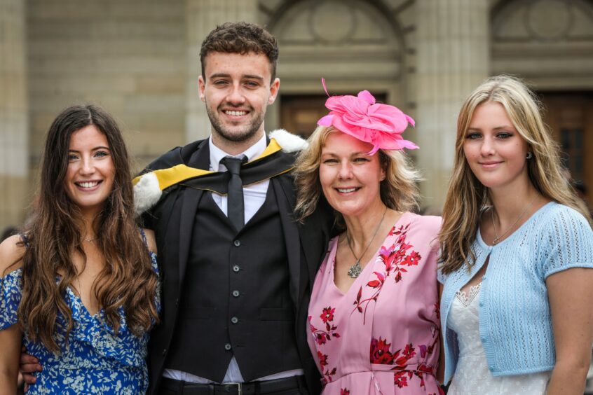 Cameron Langley, 23, graduates in Neurosciences with girlfriend Anna Meldrum, mum Yvonne Langley and sister Carys Langley.