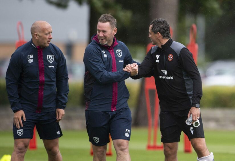 former Dundee United boss Jack Ross, right, chats to Kevin Nolan, middle, and ex-Dundee skipper Charlie Adam as United shared training facilities with West Ham