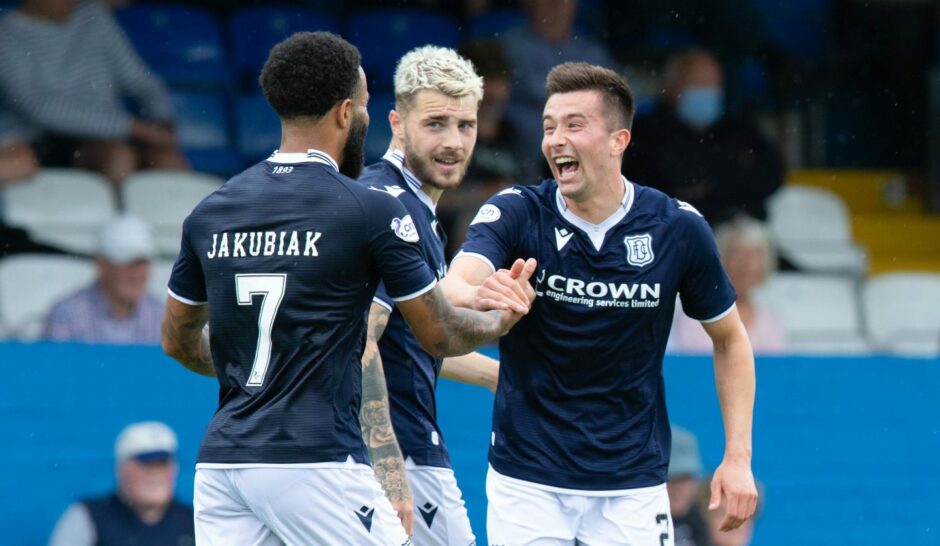 Dundee's Cammy Kerr celebrates the opening goal at Stranraer.