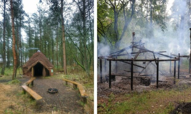 Before and after the outdoor hut was destroyed at Lochore Meadows Country Park.
