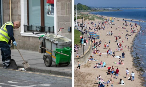 Street cleaners in Broughty Ferry on Tuesday morning following the brawl on the beach.