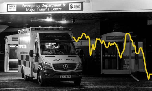 An ambulance parked at accident and emergency department at Ninewells Hospital, Dundee, with a line chart in the background which symbolises a&e waiting times in Scotland.