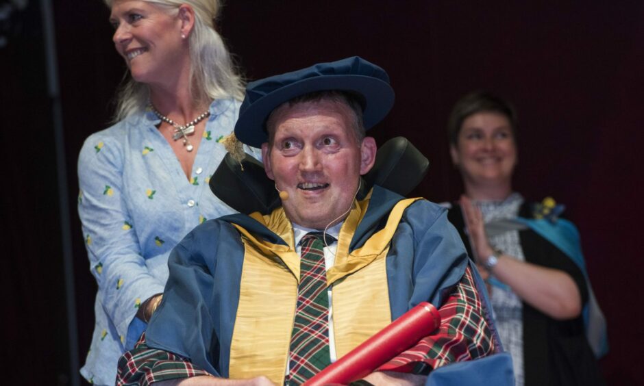 Doddie Weir receiving an honorary degree from Abertay University in Dundee in 2022. Image: Alan Richardson.