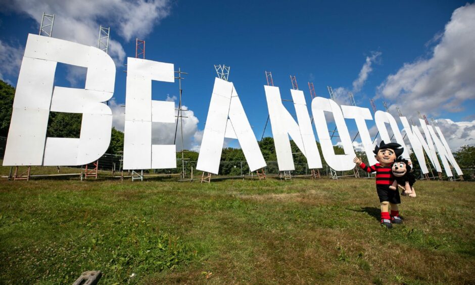 The massive "Beanotown" sign at Dundee Law.