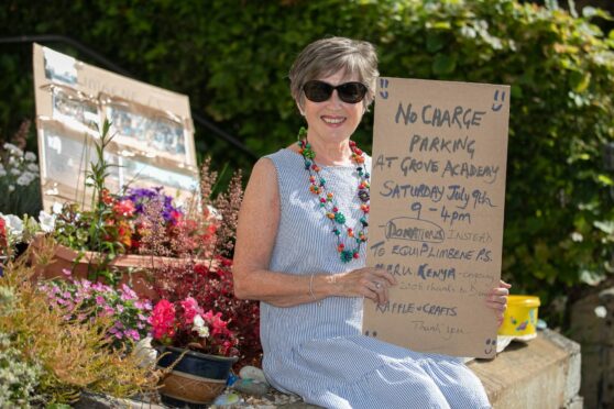 Sheila Mcluckie with boards showing the No Charge parking and a photoboard of the children she wants to help,