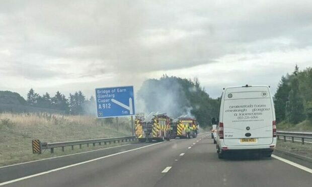 Fire engines at the blaze on the M90 near Bridge of Earn.