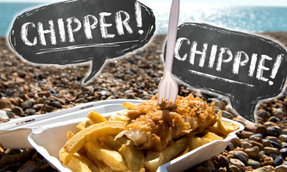 A picture of fish and chips sitting on the beach with the words chipper and chippie