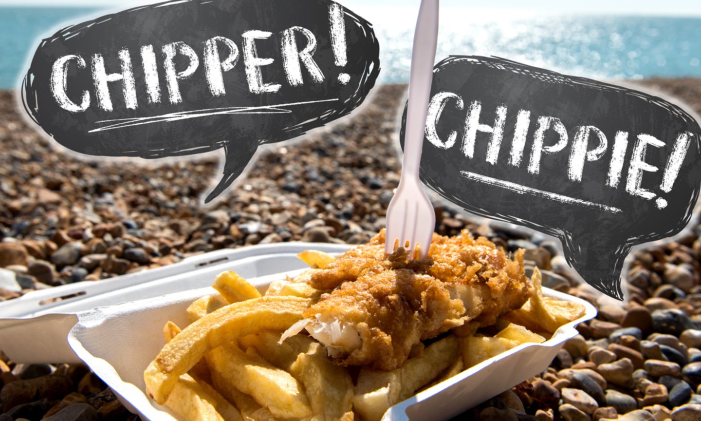 a portion fish and chips sitting on the beach with the words chipper and chippie