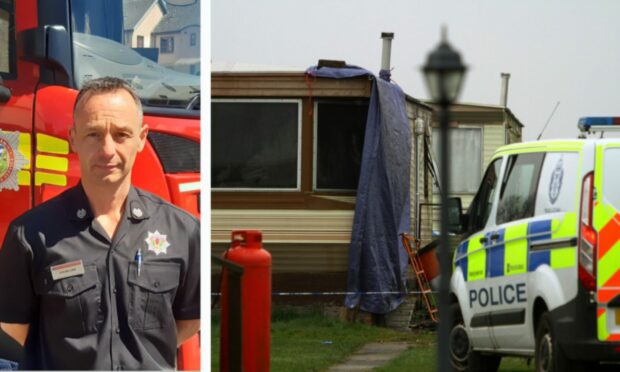 Tayside firefighter Steven Low who was at the scene of the Arbroath fatal caravan fire in 2018, right.