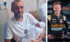 Stephen Thomson, holding son Tyler as a baby, and his idol, Scottish racing driver Gordon Shedden.