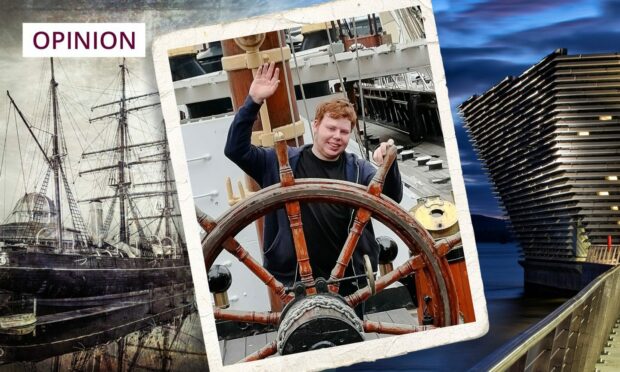 Andrew at the helm of RRS Discovery - the ship that put Dundee on the map.