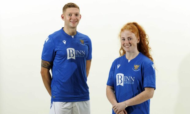 St Johnstone captain Liam Gordon and Ellie Cowie of St Johnstone WFC model the Perth club's new kit