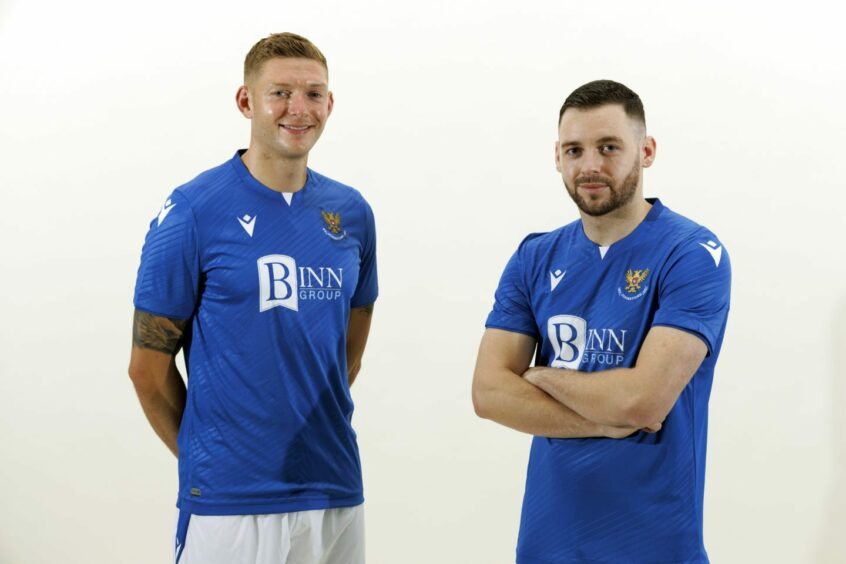 Liam Gordon and Drey Wright posing in the new St Johnstone kit.