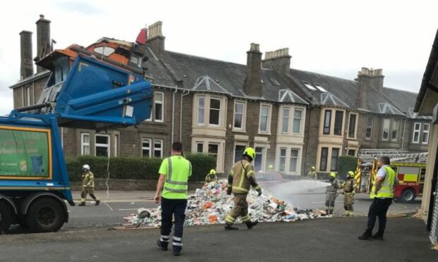 To go with story by James Simpson. HGV bin fire, Pitkerro Road, Dundee Picture shows; HGV Bin fire Pitkerro Road. Pitkerro Road, Dundee. Supplied by Supplied Date; 22/07/2022