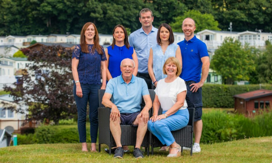 Family photo of Wood Leisure founders Colin and Margaret Wood with their daughters Kirsty - and her husband Bruce - Rachel and Sarah plus husband Calum.