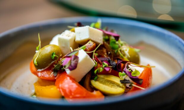 Courier - Food & Drink - Brian Stormont - Christies Scottish Tapas - CR0036751 - Dunfermline - Picture Shows: Heritage Tomato & Vegan Feta Salad, Gordal Olives, Pickled Shallots, Micro Herbs, Tomato Powder - Wednesday 6th July 2022 - Steve Brown / DC Thomson