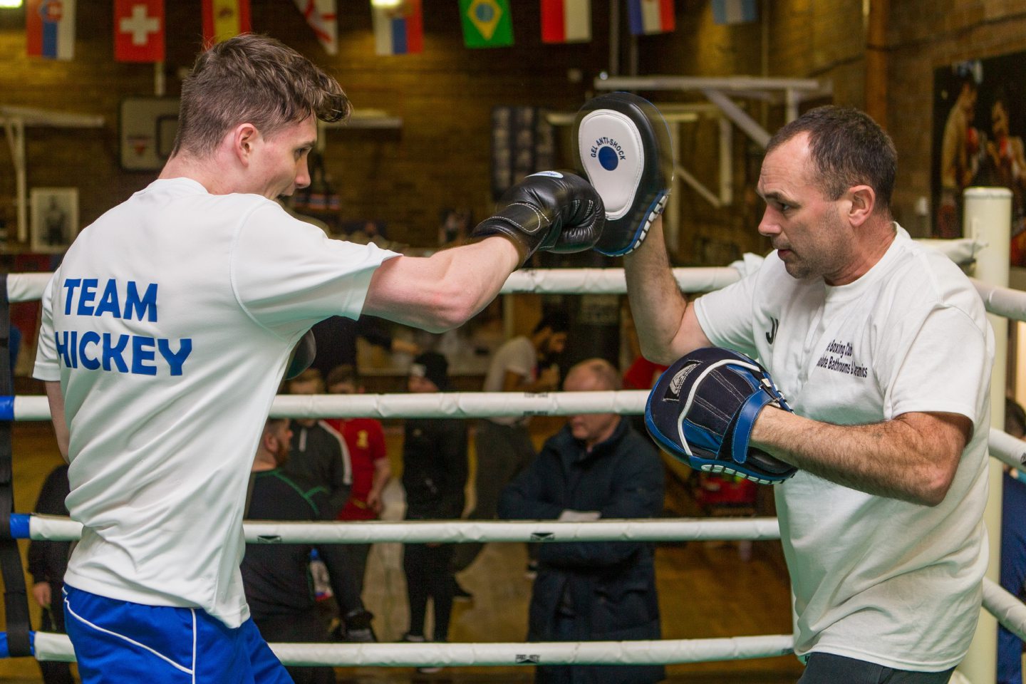 Sam Hickey in training with Jerry Howett at Lochee Amateur Boxing Club.