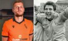 Ryan Edwards (left) models the new Dundee United kit, modelled on the 1982/83 league winning look, worn by Ralph Milne (right)