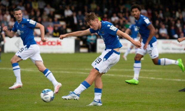 Adam Montgomery (centre) fires home for St Johnstone after being assisted by Theo Bair (background right)