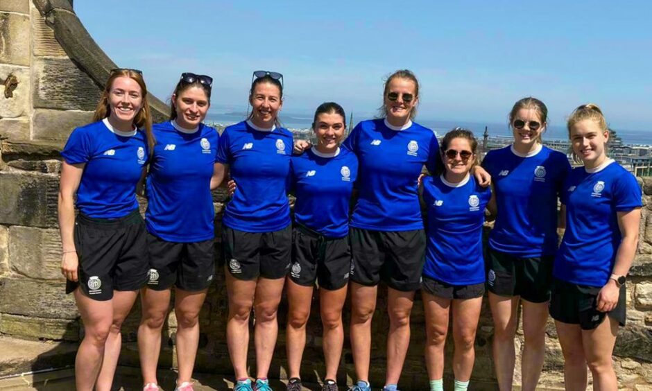 Eight of the local hockey players who are at the Commonwealth Games. Left to right - Sarah Jamieson, Katie Robertson, Becky Ward, Jess Ross, Nicki Cochrane, Louise Campbell, Eve Pearson and Charlotte Watson.