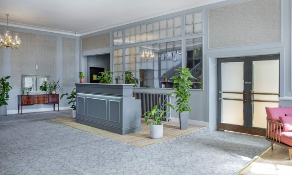 A blue hotel reception desk surrounded by large green plants.