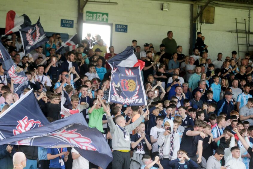 Dundee fans in the South-East Section for the game against Partick Thistle.