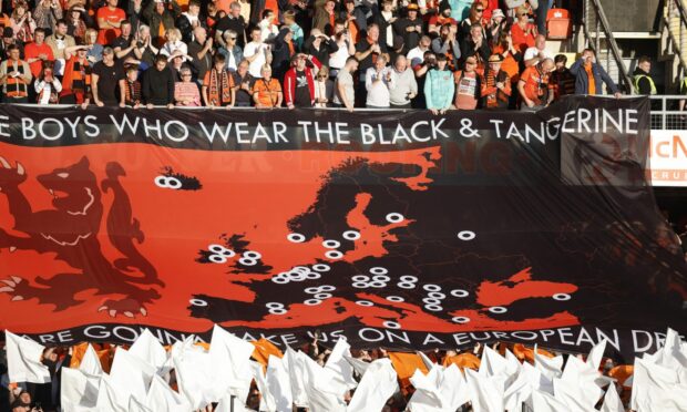Dundee United fans' display prior to their last European tie in 2022.